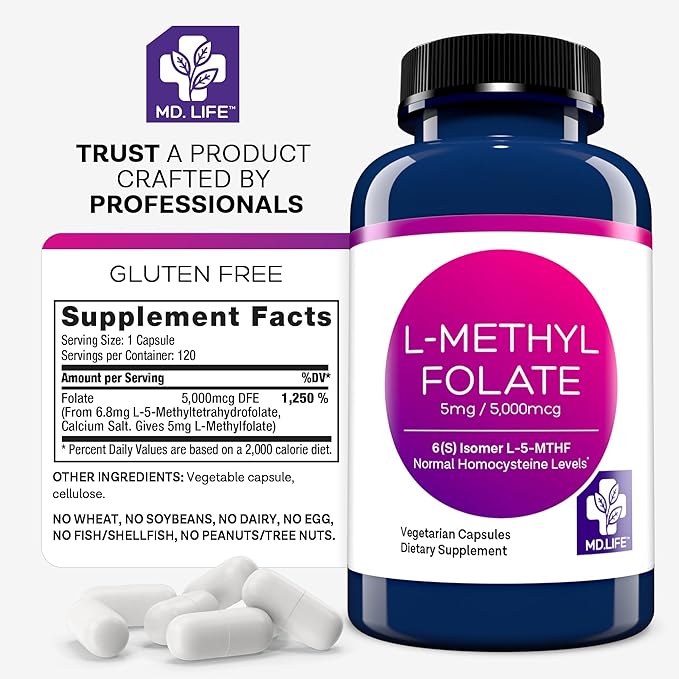 MD Life L-Methylfolate 5 mg Supplement - Professional-Grade Active L Methylfolate Supplement - 120 Capsules - L-Methylfolate 5mg - Maximum Potency MTHFR W/Essential Amino Acids
