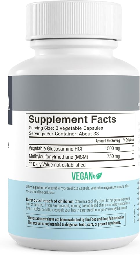 FREEDA Glucosamine MSM – Vegan Joint Flexibility & Mobility Supplement – Vegetarian Glucosamine Without Shellfish – Supports Joint Function – Third-Party Tested – (100 Capsules)