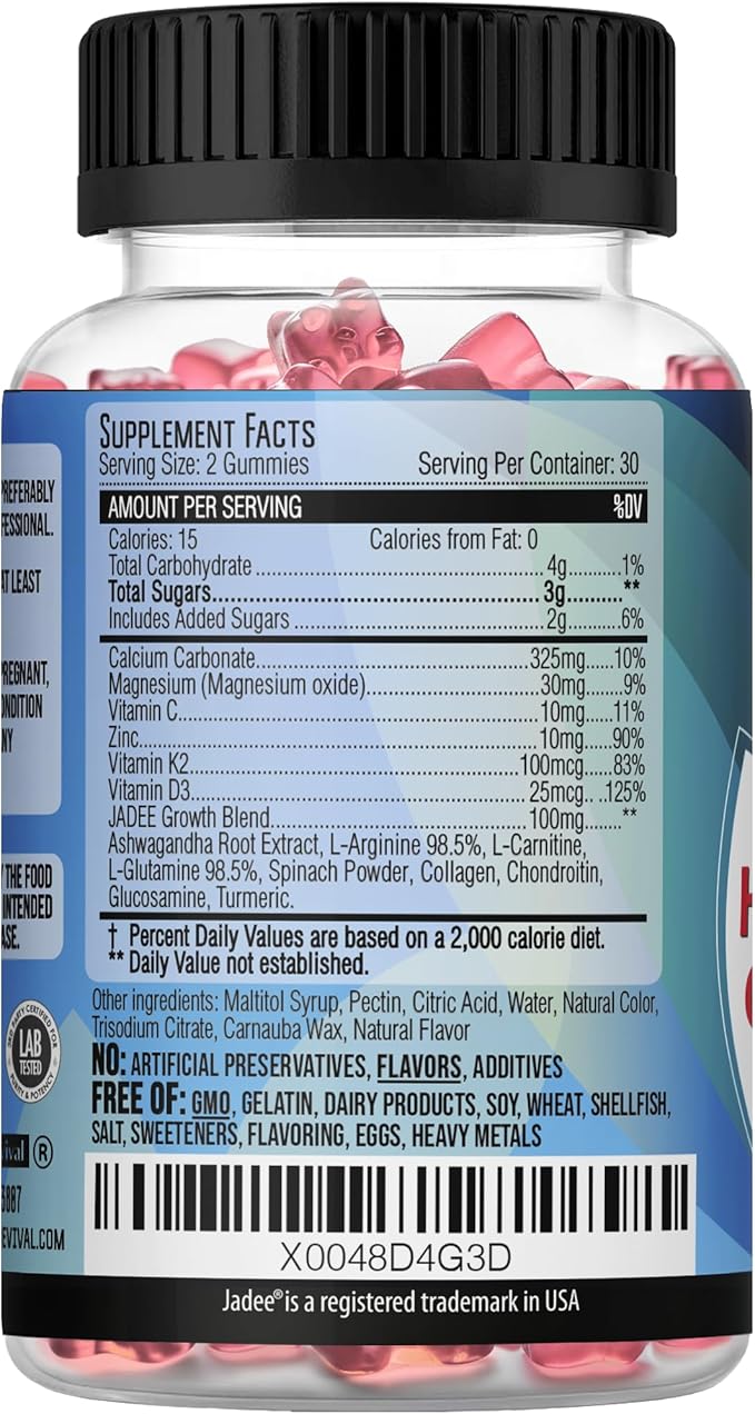 325mg Calcium Gummies Height Growth for Kids Advanced Ashwagandha, Zinc, L-Arginine, Vitamins D,C,K2, Magnesium, Bone Strength, Development & Height Increase Growth Vitamins for Teens Height Ages 5-20
