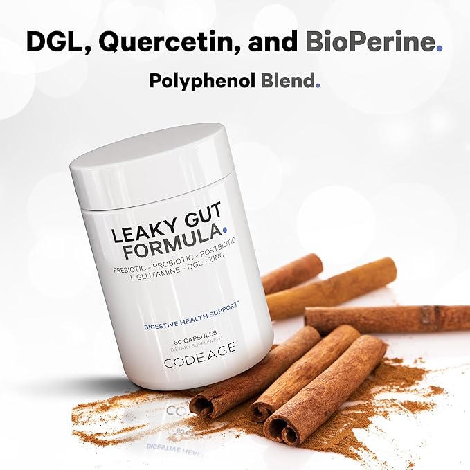 Codeage Leaky Gut Supplement, L-Glutamine, N-Acetylglucosamine, Probiotic, Butyric Acid, Polyphenols, Quercetin, DGL, Marshmallow Root, Berberine, BioPerine, Cinnamon, Vegan, Non-GMO, 60 Capsules