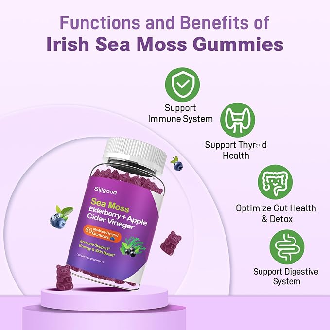 2 Pack Irish Sea Moss Gummies with Elderberry, Bladderwrack, Burdock, Chlorophyll - Digestion, Skin, Hair and Enhance Immunity - Adults Kids Women Men, 120 Blueberry Flavored Gummies