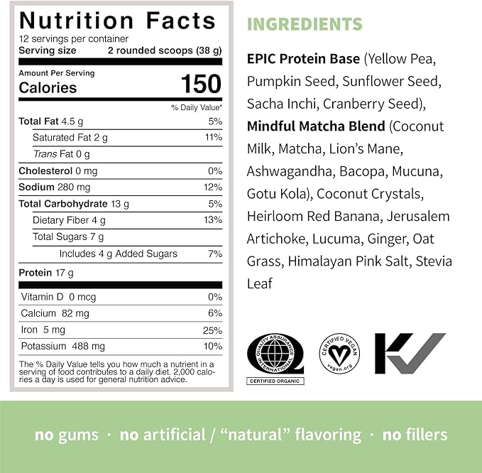 Sprout Living Epic Protein, Plant Based Protein & Superfoods Powder, Mindful Matcha | 17 Grams Organic Protein Powder, Vegan, Non-GMO, Gluten Free, Adaptogens + Nootropics (1 Pound, 12 Servings)
