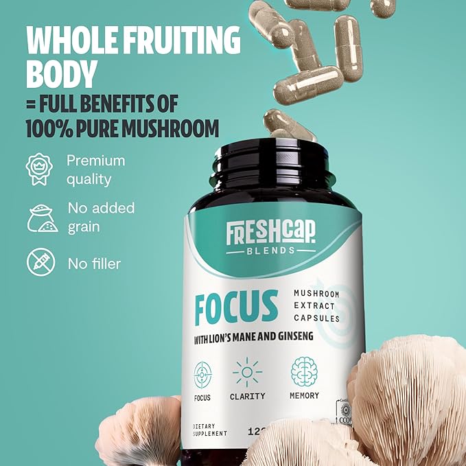 FreshCap 4-in-1 Focus Supplement - Brain Supplements for Memory and Focus - Memory Supplement for Brain, Brain Booster Supplement, Lions Mane Extract, Ayurveda Ginseng (120 Capsules)