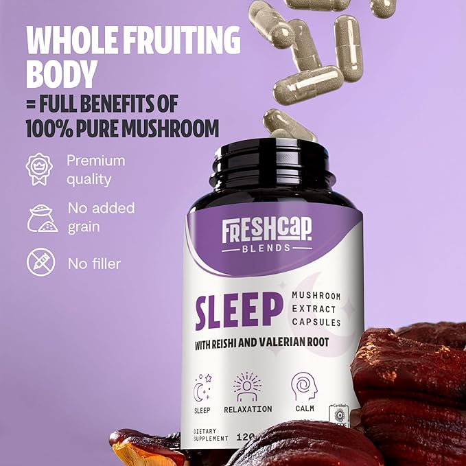 FreshCap 5-in-1 Sleep Supplement, Magnesium for Sleep, Magnesium Supplement, Calm, 7000mg Reishi Mushroom Extract, Valerian Root Capsules, Valerian Root Extract, Ayurveda (120 Capsules)