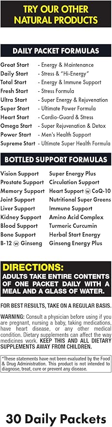 Power Start Complete Daily Vitamin Pack | Men's Health Support, 10X Energy & Stamina Booster | Vitamin A, B, C, D, E, B12, Minerals, Tribulus, Maca, Epimedium, Tongkat Ali (30 Packets)