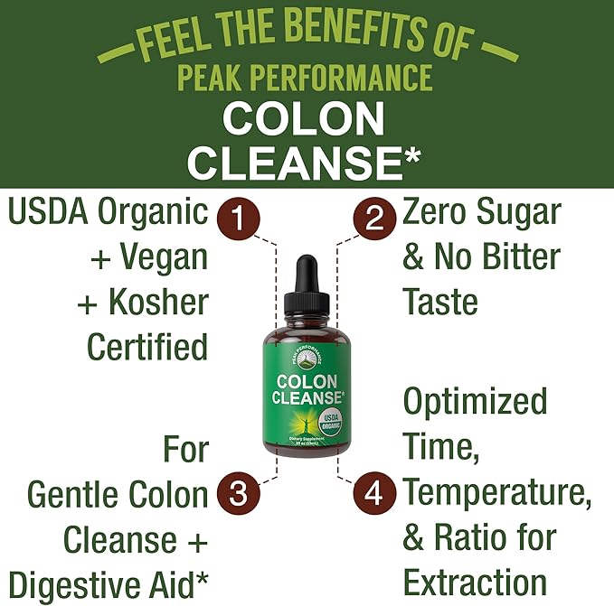 USDA Organic Colon Cleanse Liquid Drops. Vegan, Kosher Colon Cleanser & Detox Supplement with 10+ Super Gentle Herbal Ingredients Including Organic Cascara Sagrada Bark and Organic Yellow Dock Root