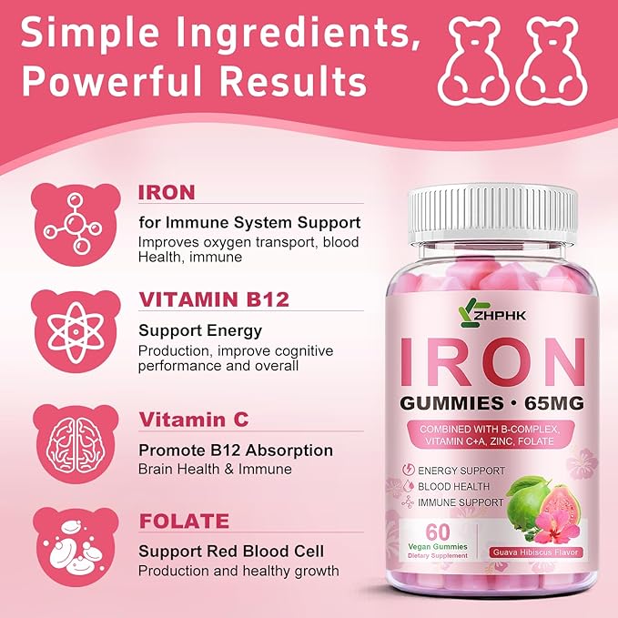 Iron Gummies for Women Men Vitamin Supplement 65mg & Vitamin C 250mg Per Serving with B6 B12 Folate- Energy Support for Iron Deficiency, Anemia, Vegan Guava Hibiscus Flavor, 120 Count