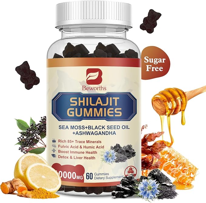 Shilajit Resin Gummies, Shilajit Irish Sea Moss Supplement with Black Seed Oil, Ashwagandha Ginger, Panax Ginseng, Shilajit Gummies with 85+ Trace Minerals & Fulvic Acid for Energy, Immune Support