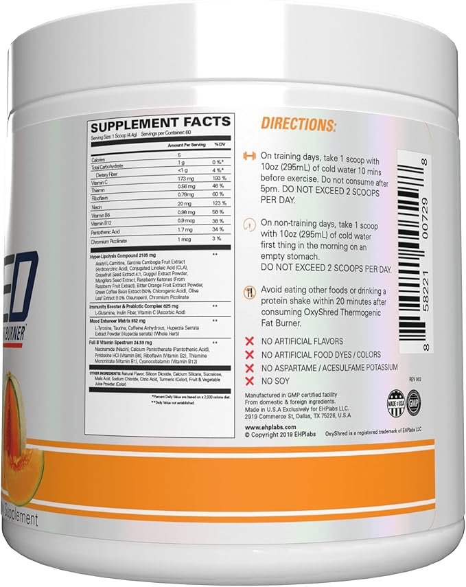 EHP Labs OxyShred Pre Workout Powder & Shredding Supplement - Preworkout Powder with L Glutamine & Acetyl L Carnitine, Energy Boost Drink - Wild Melon, 60 Servings