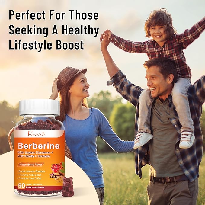 Berberine Gummies, Berberine HCL with Ceylon Cinnamons, Magnesium Citrate, Milk Thistle Supplement for Adult and Kids, Mixed Berry Flavored 120 Cts