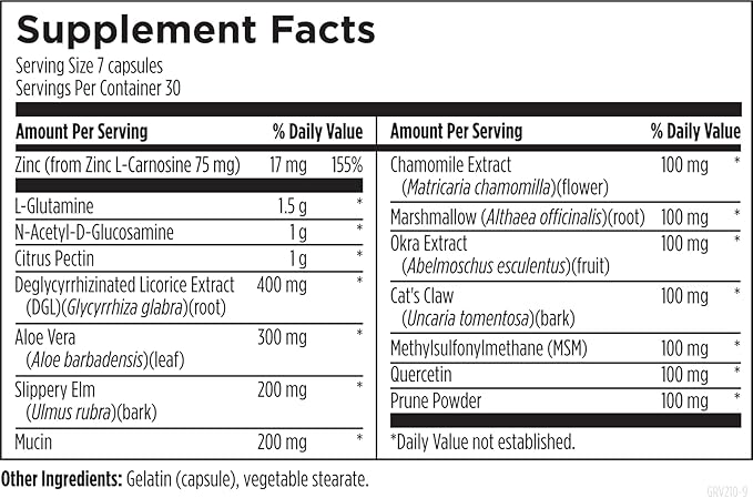 Designs for Health GI Revive - Slippery Elm Gut Health Support with Licorice Root, L-Glutamine + Zinc Carnosine - MSM, Marshmallow Root Powder + Okra Extract (210 Capsules)