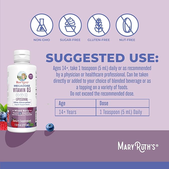 Megadose Vitamin D3 Liposomal by MaryRuth's| Vitamin D 4000 IU | Ultra Absorption | Immune Support for Adults | Bone Health | VIT D3 | Vegan | Sugar Free | Gluten Free | Non-GMO | 45 Servings