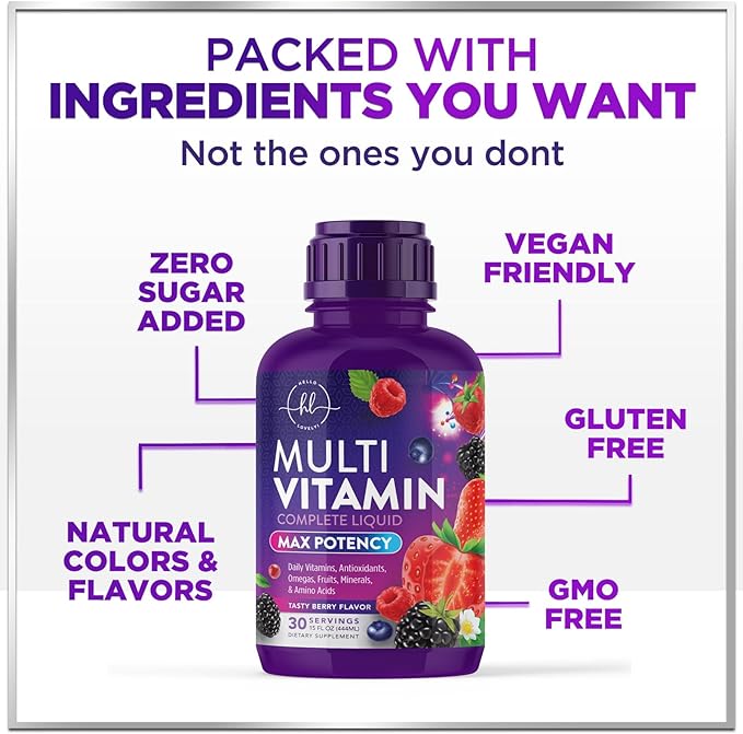 Multivitamin for Women, Men & Kids - Multi Vitamins Liquid & Multimineral, Vegan & Sugar Free, Vitamins A, C, D3, E, B6, B12 & Zinc, Womens Multi Vitamin & Immune Support, Berry Flavor - 15 Fl Oz