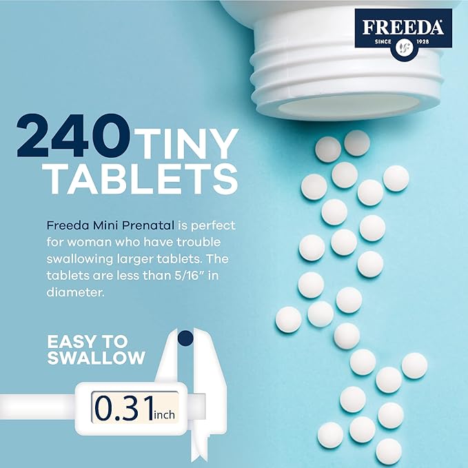 FREEDA Mini Prenatal Vitamin - Kosher Prenatals -Tiny Easy to Swallow Tablets - Prenatal Vitamins with Iron, Prenatal Folic Acid/Folate, Vitamin D - Pre Natal Multivitamin for Pregnant Women (240)