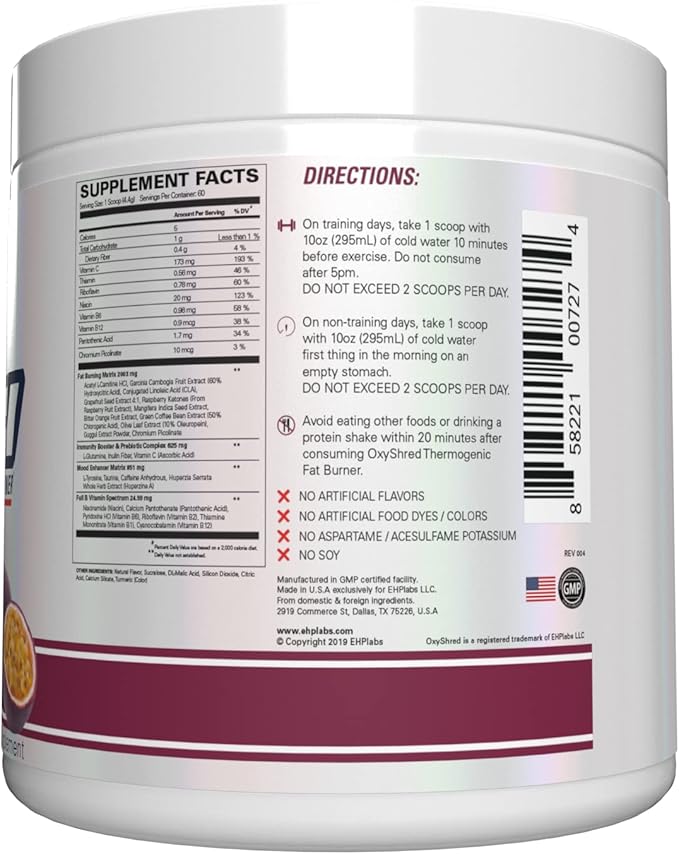 EHP Labs OxyShred Pre Workout Powder & Shredding Supplement - Preworkout Powder with L Glutamine & Acetyl L Carnitine, Energy Boost Drink - Passionfruit, 60 Servings
