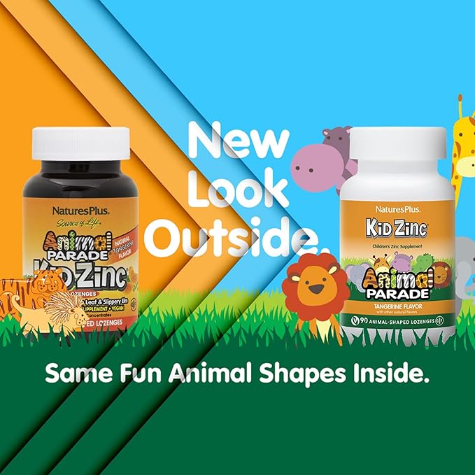 Natures Plus Animal Parade KidZinc, Tangerine Flavor - 90 Animal-Shaped Lozenges, Pack of 2 - Organically Chelated Zinc - Vegan, Gluten Free - 180 Total Servings