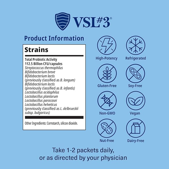 VSL #3® Probiotic Powder for Digestive Health, IBS & UC Symptoms - 450B CFUs, High-Potency, Multi-Strain, Live, Refrigerated Probiotic, Medical Food for Gut Health Support in Men & Women, 60 Pack