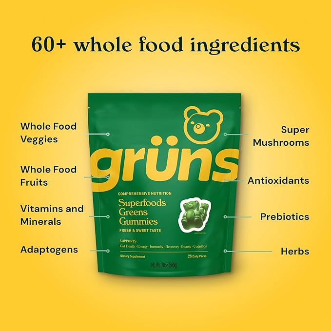 Gruns Adult Sugar-Free Super Greens Gummies - Superfood Gummy Bears with Spirulina, Chlorella & Prebiotics for Digestive Health - Adaptogens Supplement with 20 Vitamins & Minerals - 1 Month Supply