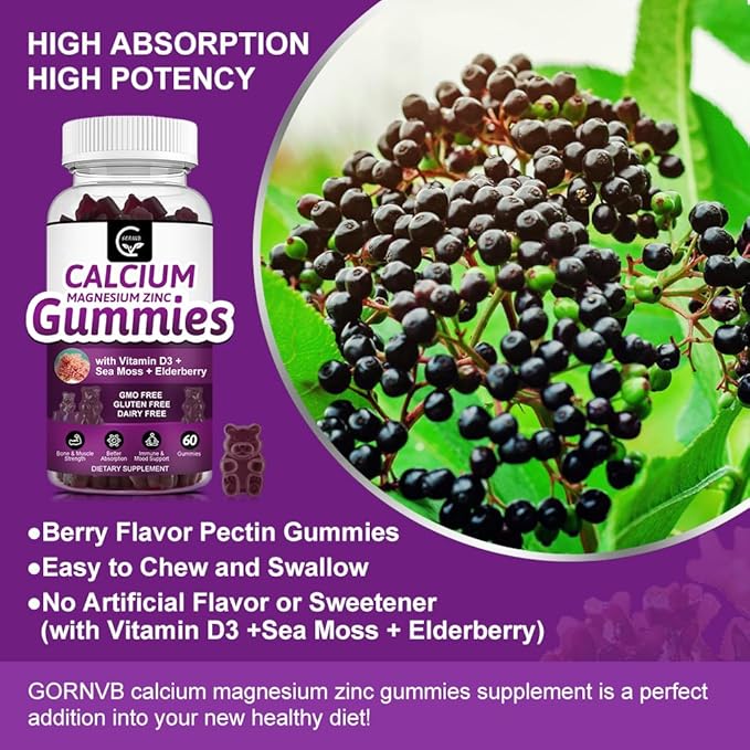 Calcium Magnesium Zinc Gummies with High Absorption Magnesium, Potassium, D3 - for Bone, Muscles, Immune & Sleep Support, Vegan