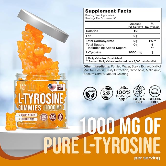 Joyli L Tyrosine Gummies 1000MG - L-Tyrosine Supplement for Kids & Adults - Calm & Focus Gummies for Brain, Memory, Mood, and Energy - 500mg L- Tyrosine Powder per Gummy - Vegan, Gluten-Free