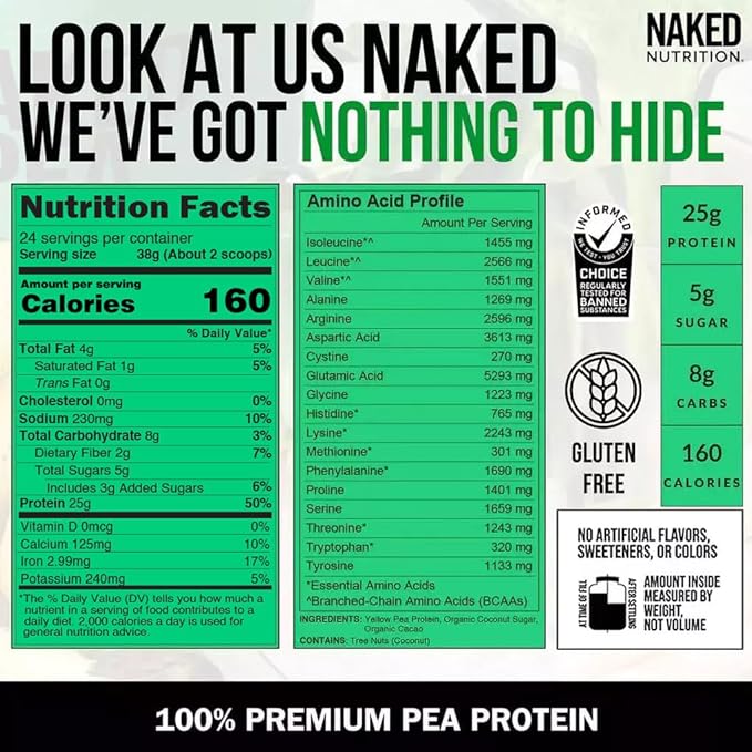 NAKED Chocolate Pea Protein Isolate from North American Farms, Only 3 Ingredients, Chocolate Vegan Protein, Gluten-Free, Soy Free, GMO Free - 2LB