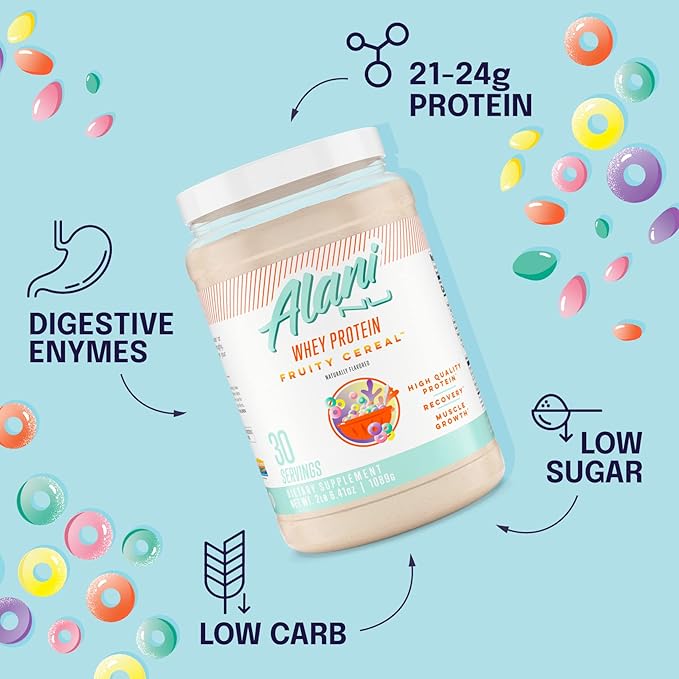 Alani Nu Whey Protein Powder Fruity Cereal | 23g Protein with Low Sugar & Digestive Enzymes | Meal Replacement Powder | Low Fat Low Carb Whey Isolate Protein Blend | 30 Servings