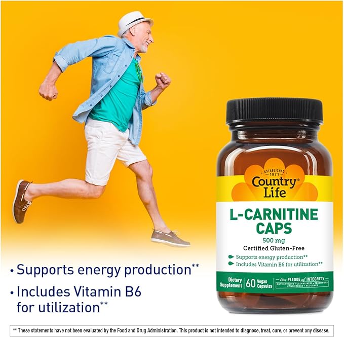 Country Life L-Carnitine 500mg – 60 Vegan Capsules | Supports Energy Production & Fat Metabolism | Includes Vitamin B6 for Utilization | Gluten-Free, Certified Vegan Amino Acid Supplement