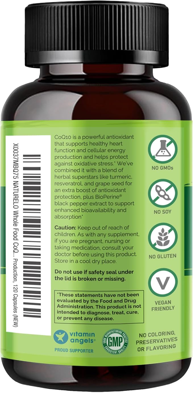 NATURELO Whole Food CoQ10 with Heart Health Blend, Powerful Antioxidant for Energy Production, 120 Capsules