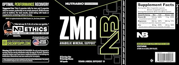 NutraBio ZMA Supplements for Men & Women- Zinc Magnesium Supplements to Support Hormone Levels, Peak Performance, Sleep, Muscle Recovery, Immune Health, 180 Ct.