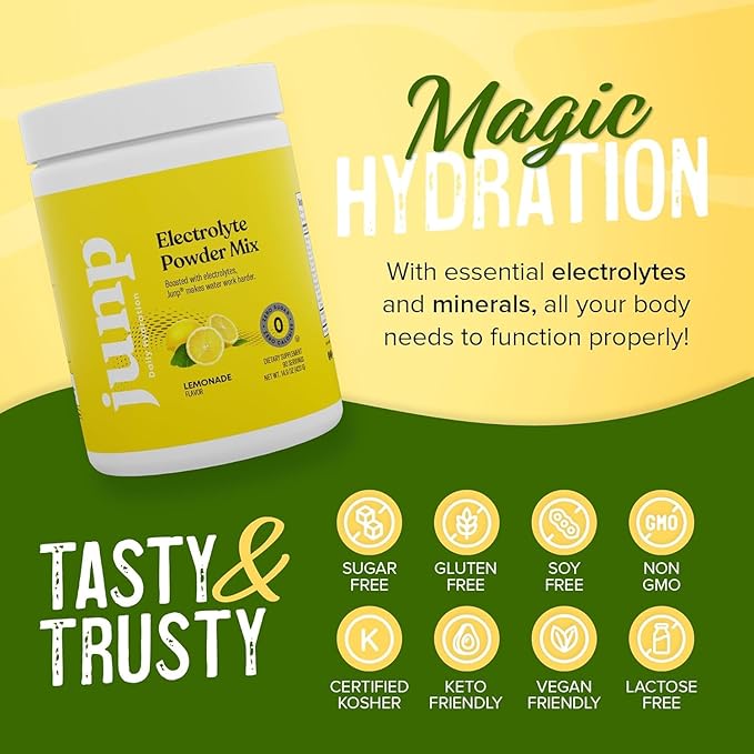 JUNP Electrolytes Powder No Sugar No Carbs – Fresh Squeezed Lemonade Drink Mix - Potassium & Salt Electrolyte Hydration Powder Zero Calorie Sugar Free Electrolyte Powder, Keto Friendly, 180 Servings