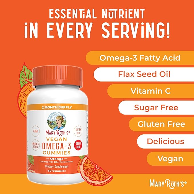 MaryRuth Organics Vegan Omega 3 Gummies for Adults | 2 Month Supply | Sugar Free Supplement with Vitamin C | Flaxseed Oil Immune Support | Overall Wellness | No Fish Taste | 60 Count