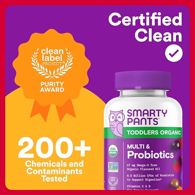 SmartyPants Organic Toddler Multivitamin Gummies: Probiotics, Omega 3 (ALA), Vitamin D3, C, Vitamin B12, B6, A, K & Zinc, Beta Carotene, Gluten Free, Three Fruit Flavors, 60 Count (30 Day Supply)