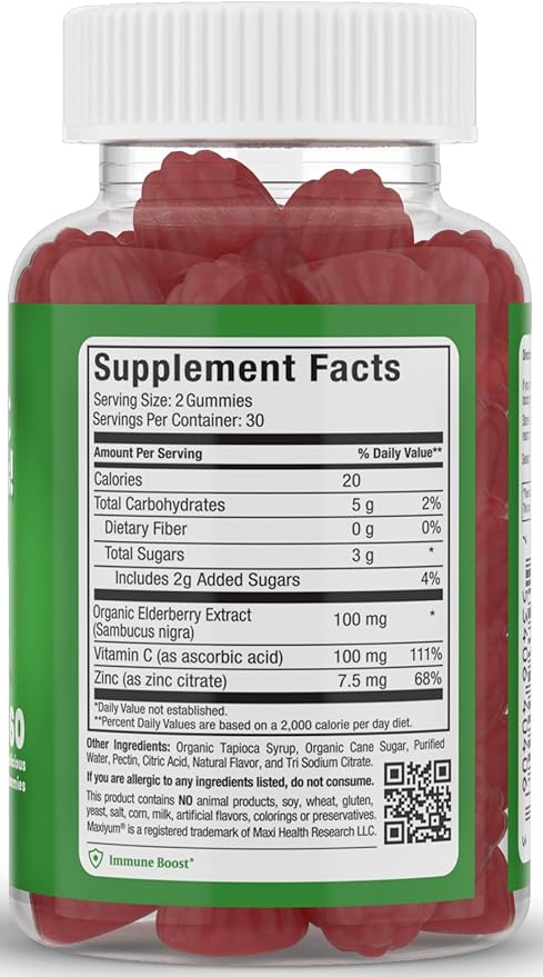 Elderberry Zinc Gummies - Organic Sambucus Elderberry Gummies with Zinc and Vitamin C - Vegan Immune Support for Adults and Kids - Chewable Elderberries Supplements for Immunity Boost - 60 Gummies