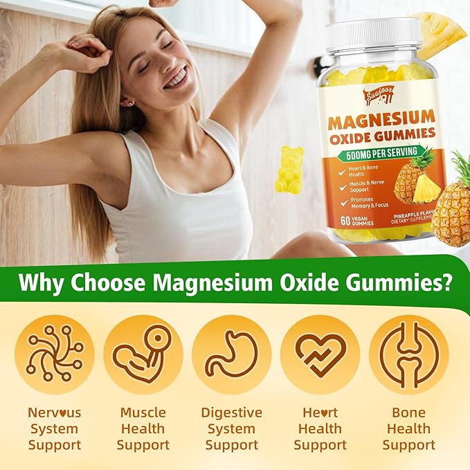 2 Pack Magnesium Oxide 500mg Gummies for Adults & Kids, Supports Nerve Muscle & Bone Health, Vegan Non-GMO Dietary Supplement with Pineapple Flavor, 120 Gummies