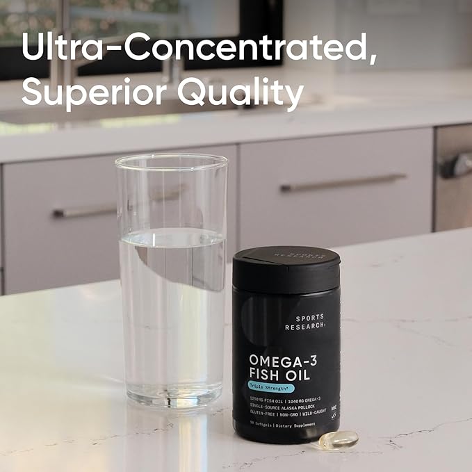 Sports Research Triple Strength Omega 3 Fish Oil - Burpless Fish Oil Supplement w/EPA & DHA Fatty Acids from Single-Source Wild Alaskan Pollock - 1250 mg, 90 ct
