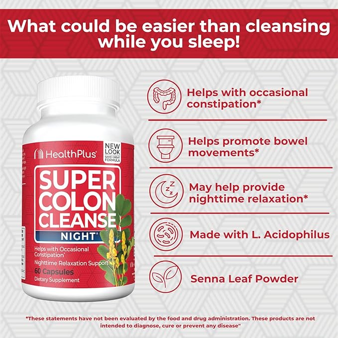 Health Plus Super Colon Cleanse Night Formula Digestive Support | Constipation Relief to Reduce Bloating with Probiotics and Valerian Root for Sleep | More than 1 Cleanse, 60 Capsules