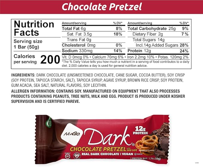 NuGo Dark Chocolate Pretzel and Sea Salt, 12g Protein Bar, Vegan, Gluten Free, Non-GMO, Kosher Pareve, 24 Count