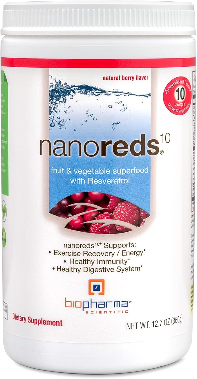 Biopharma Scientific Nanoreds: Reds Superfood Fruit & Vegetable Powder Smoothie Mix for Digestive Health & Immunity with Antioxidants, VitaminC, Elderberry, Pomegranate, Berry Flavor, 30 Servings
