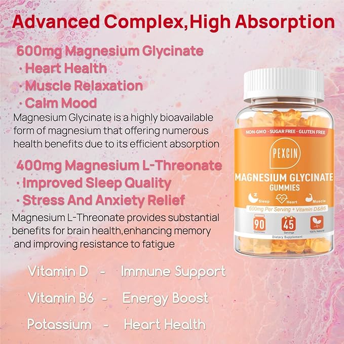 Magnesium Glycinate Gummies for Adults & Kids, 1000mg High Absorption Magnesium Complex Supplement, Sugar Free with Potassium,Vitamins for Calm, Sleep Supprt, Stress Relief, 180 Counts Orange
