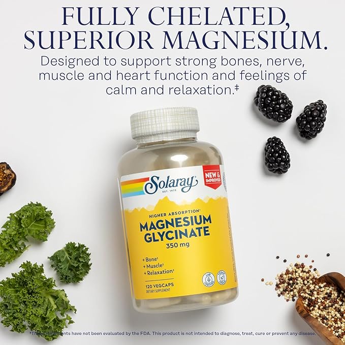 SOLARAY Magnesium Glycinate Capsules, Chelated Magnesium Bisglycinate w/BioPerine, Higher Absorption Magnesium Supplement - Bones, Muscles, Heart Support, Vegan (30 Servings, 120 VegCaps)