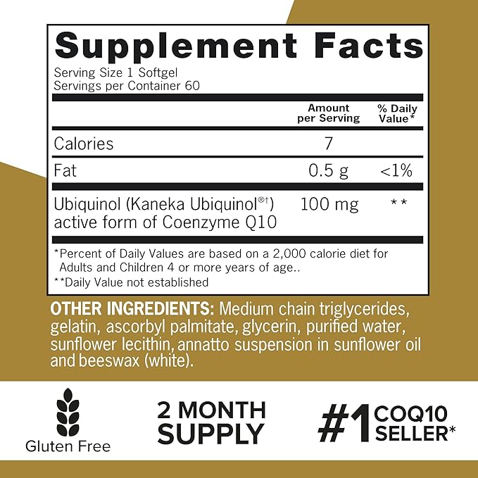 Qunol Ubiquinol CoQ10 100mg Softgels, Ubiquinol - Active Form of Coenzyme Q10, Antioxidant for Heart Health, Healthy Blood Pressure Levels, Beneficial to Statin Users, 60 Count
