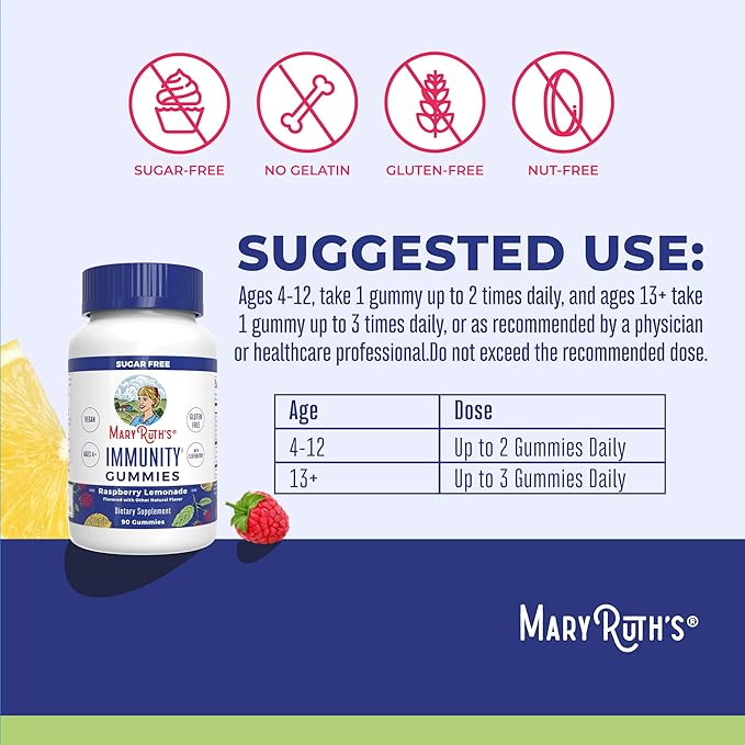 MaryRuth Organics Sugar Free Immunity Gummies | Powerful Blend | Elderberry Vitamin C & Zinc | Vitamin D3 & Echinacea | Immune Support Supplement | Gummies for Kids & Adults | Vegan | Non GMO | 90ct