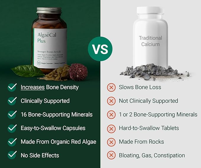ALGAECAL Plus - Organic Red Algae Calcium Supplement for Women, Vitamin K2 (100mg), Vitamin D3 (1600 IU), Magnesium (350mg) & Trace Minerals, for Improved Bone Strength, Easy to Swallow, 120 Veg Caps