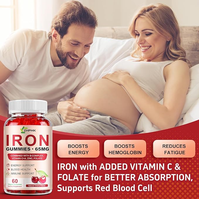 Iron Gummies Supplement for Women, Men & Kids, Iron 65mg with 250mg Vitamin C B6 B12 Folate Healthy Blood, Energy & Immune Support Gentle on Stomach Ferrous Fumarate, 120 Count