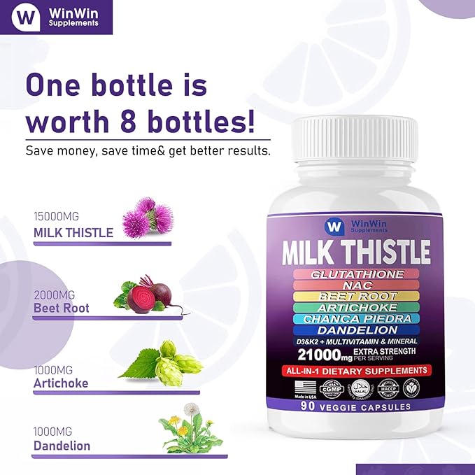 Milk Thistle Supplement 15000mg Organic Artichoke Chanca Piedra Dandelion Liver Protection Supplement Contains Glutathione NAC Beetroot Powder D3&K2 vitamins Mineral (29-IN-1)Made In USA