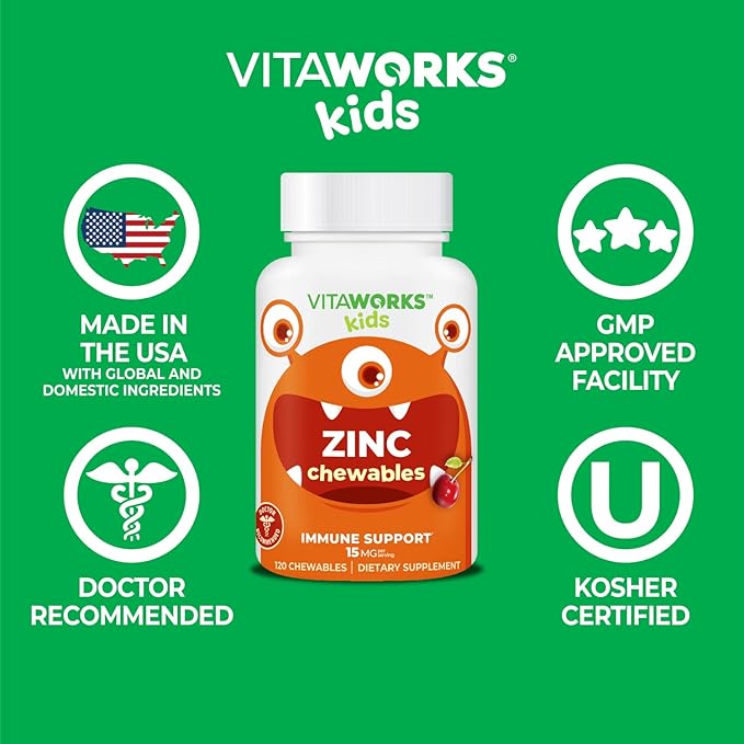 Kids Zinc 15mg Chewable Tablets - Natural Cherry Flavor - Vegan, Vegetarian, GMO-Free, Gluten Free, Nut Free Vitamins - Dietary Supplement for Immune Support - for Children - 120 Chewables