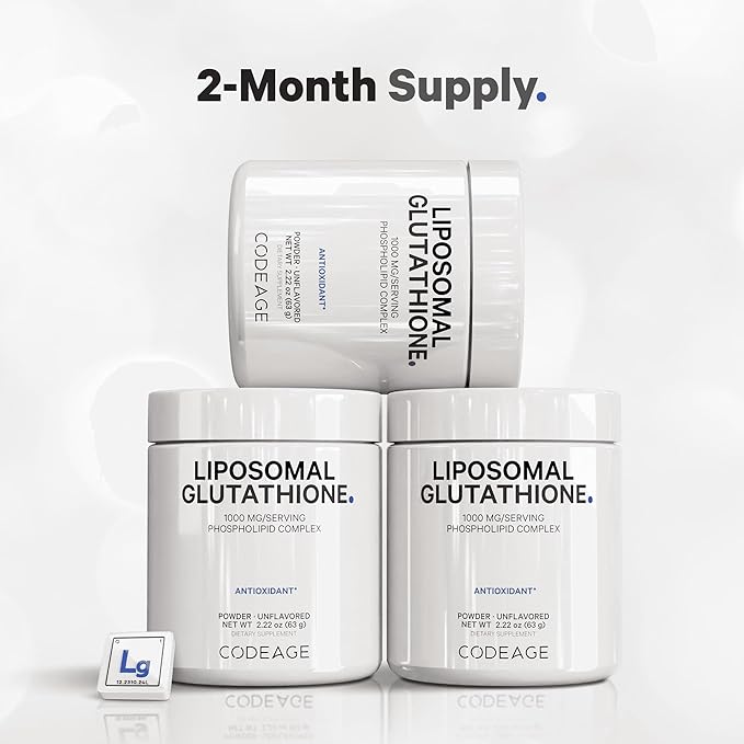 Codeage Liposomal Glutathione Powder - 1,000 mg L-Glutathione per Serving, Liposomal Delivery - 2-Month Supply - Vegan Reduced L-Glutathione - Unflavored - Phospholipid - Non-GMO Gluten-Free - 2.22 Oz