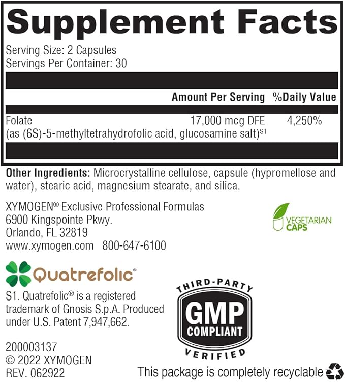 XYMOGEN 5-MTHF ES - 17,000 mcg DFE - Bioactive Folate Supplement as Quatrefolic - Mood, Cardiovascular + Methylation Support - Vitamin B Methyl Folate as L Methylfolate (60 Capsules)