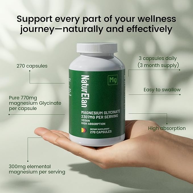 Magnesium Glycinate - 270 Capsules, 2307mg | 300mg Elemental Magnesium Supplement per Serving, High Absorption Formula for Sleep, Muscles&Energy Support, Third-Party Tested, Vegan, Non-GMO&Gluten Free