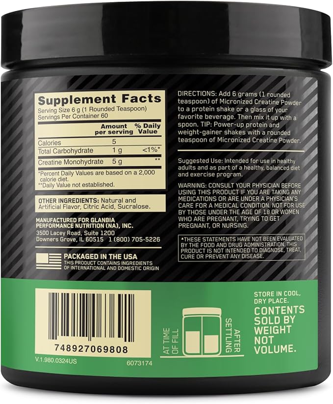 Optimum Nutrition Creatine Monohydrate Powder - Blueberry Lemonade Creatine, 60 Servings